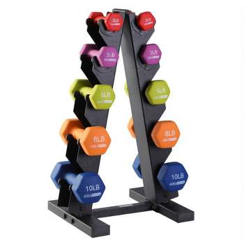HolaHatha 2, 3, 5, 8, and 10 Pound Neoprene Coated Grip Hexagon Dumbbell Weight Set with Storage Rack Stand for Various Strength Training Workouts