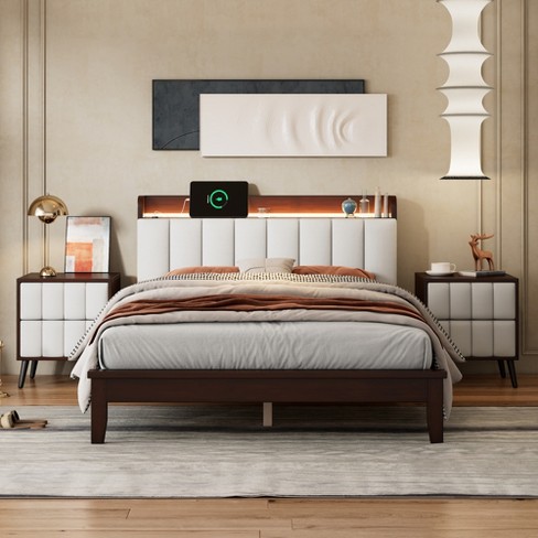 Modern Queen Bedroom Set with 2 Nightstands Solid Wood Platform