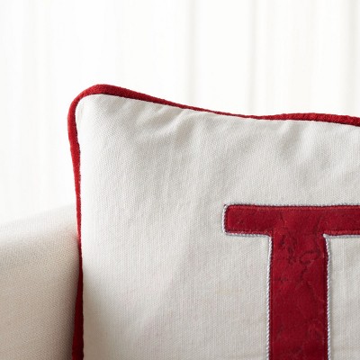 Cream and Red Embroidered Cotton Rectangular Throw Pillow