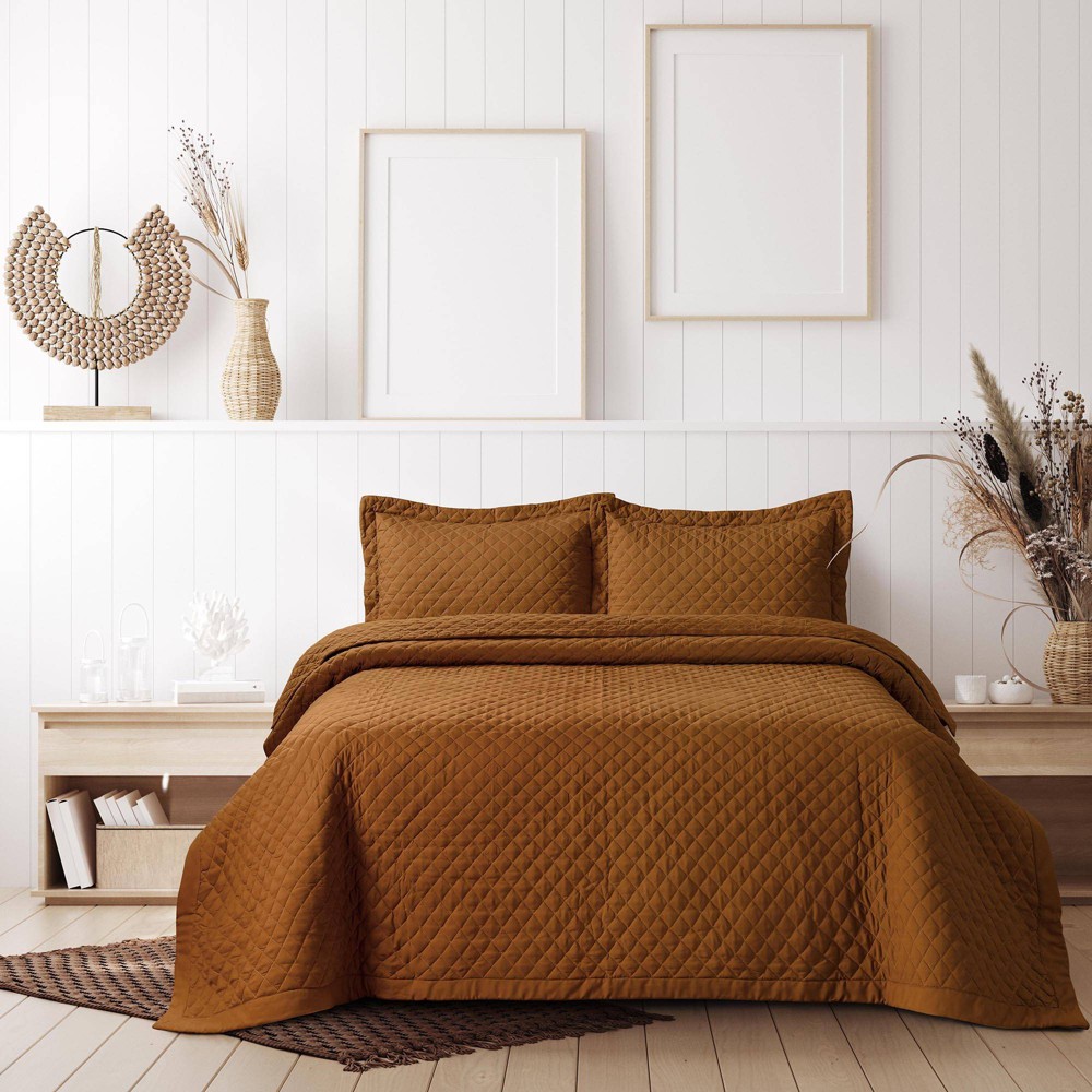 Photos - Duvet King Brisbane Oversized Diamond Quilt Set Camel - Tribeca Living