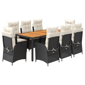 vidaXL - 9 Piece Patio Dining Set - Black Poly Rattan Reclining Chairs with Cushions & Rectangular Acacia Wood Table for Outdoor/Garden/Backyard - 1 of 4