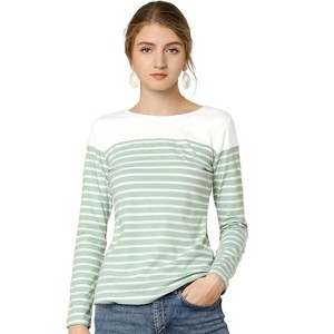 INSPIRE CHIC Women's Color Block Round Neck Long Sleeves Striped Basic T-Shirt - 1 of 4