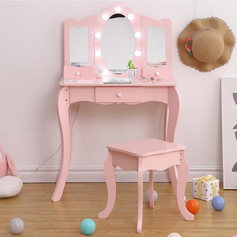 Trinity Kids Vanity, 2 In 1 Princess Makeup Desk Dressing Table With  Tri-fold Mirror & Storage Shelves(pink) : Target