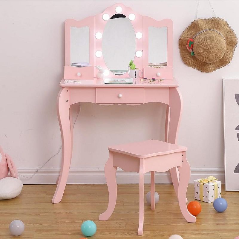 Trinity Kids Vanity, 2 in 1 Princess Makeup Desk Dressing Table with Tri-fold Mirror & Storage Shelves(Pink), 1 of 5