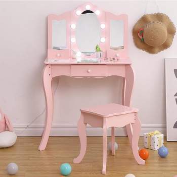 Trinity Kids Vanity, 2 in 1 Princess Makeup Desk Dressing Table with Tri-fold Mirror & Storage Shelves(Pink)