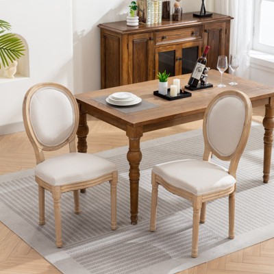 VYNXARIA Furniture,French Style Solid Wood Frame Antique Painting Linen Fabric Rattan Back Dining Chair,Set of 2,Cream,Beige