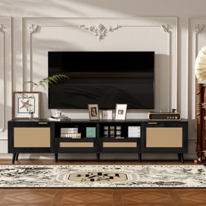 78.8" Modern Farmhouse Rattan TV Stand for 85 Inch TV with Storage Cabinets and Open Shelves for Living Room-Baofuwish - 1 of 4