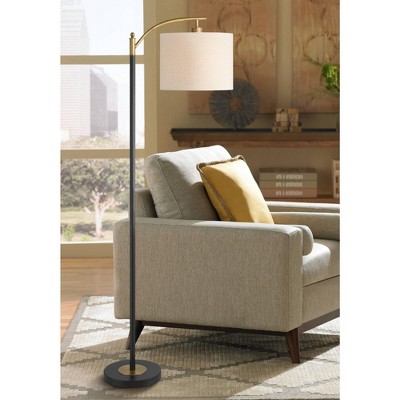 Black and Gold Metal Mid-Century Modern Floor Lamp with Linen Shade