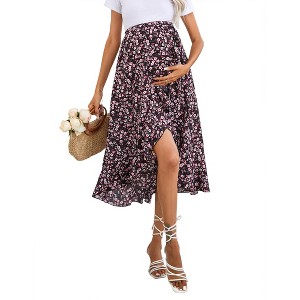 Women Pleated Elastic High Waist Maternity Midi Skirt Casual Summer Ruffle Boho Wrap Split Skirt - 1 of 4