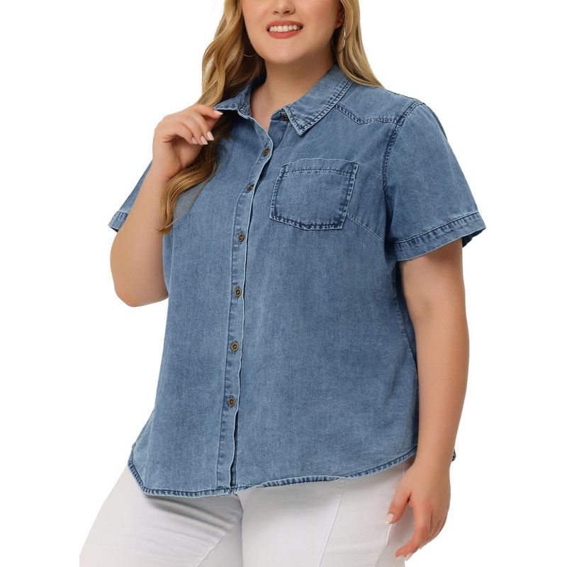 Agnes Orinda Women's Plus Size Denim Short Sleeve Chest Pocket Button Down Shirts, 2 of 7