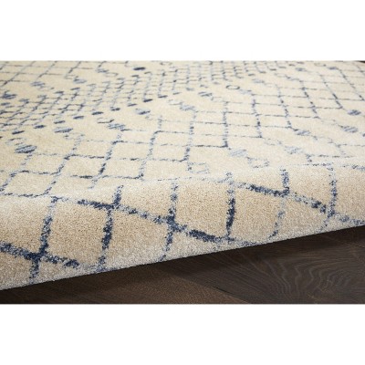 Beige Blue Geometric Hand-knotted Synthetic Rug, 5' x 7'