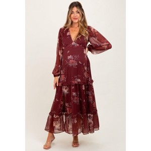 Pinkblush Burgundy Floral Chiffon V-Neck Long Sleeve Maternity Maxi Dress - 1 of 3
