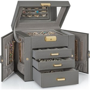 4-Tier Jewelry Box Leather Jewelry Storage Organizer with 3 Drawers Lockable - 1 of 4