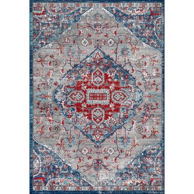 Reversible Navy/Red Medallion Synthetic Runner Rug, Easy Care