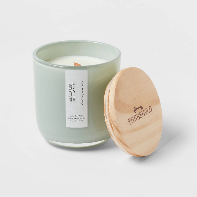 Round Base Glass Candle with Wooden Wick Seagrass and Bergamot Green - Threshold™, 4 of 5