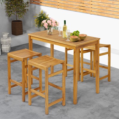 Teak Acacia Wood Outdoor Bar Stools with Ergonomic Seat, Set of 2