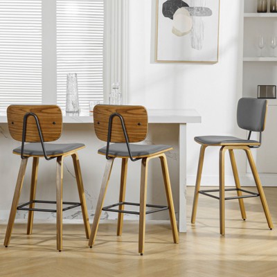 Bekrvio 26" Counter Height Bar Stools - PU Leather Upholstered with Backs, Bent Wood Legs, Mid Century Modern Counter Stools for Kitchen Island