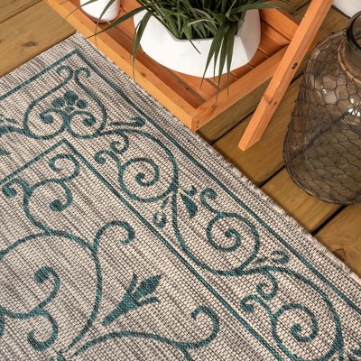 Boho-Chic Vintage Filigree Teal & Gray Synthetic Indoor/Outdoor Rug
