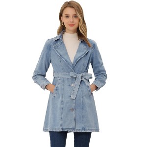 Allegra K Women's Notched Lapel Belted Trench Long Denim Jacket - 1 of 4