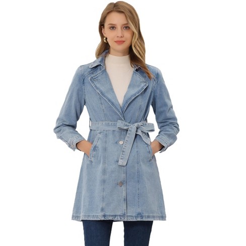 Allegra K Women's Jean Belted Notched Lapel Trench Long Denim