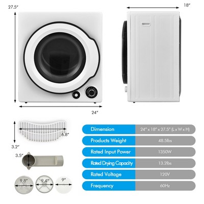 Compact White Stainless Steel Electric Laundry Dryer with Adjustable Exhaust Vent