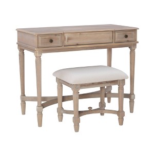Cyndi Traditional Washed Wood Vanity Set with Stool & Storage, Beige Padded Seat - Linon - 1 of 4
