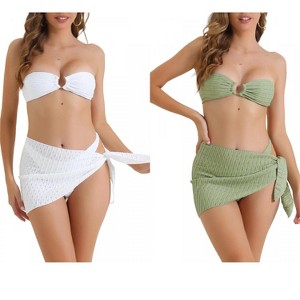 INSPIRE CHIC Women's O Ring Bandeau Ribbed Triangle Bottoms with Cover Up Bottoms Swimwear Bathing Bikini Suits 2 Sets - 1 of 4