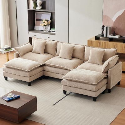 112'' Modern Sofa Modular Combination Cloud Sofa Modular Chenille Sectional Sofa Combo Set– L/U-Shaped Configurations with Ottoman 3-Seater