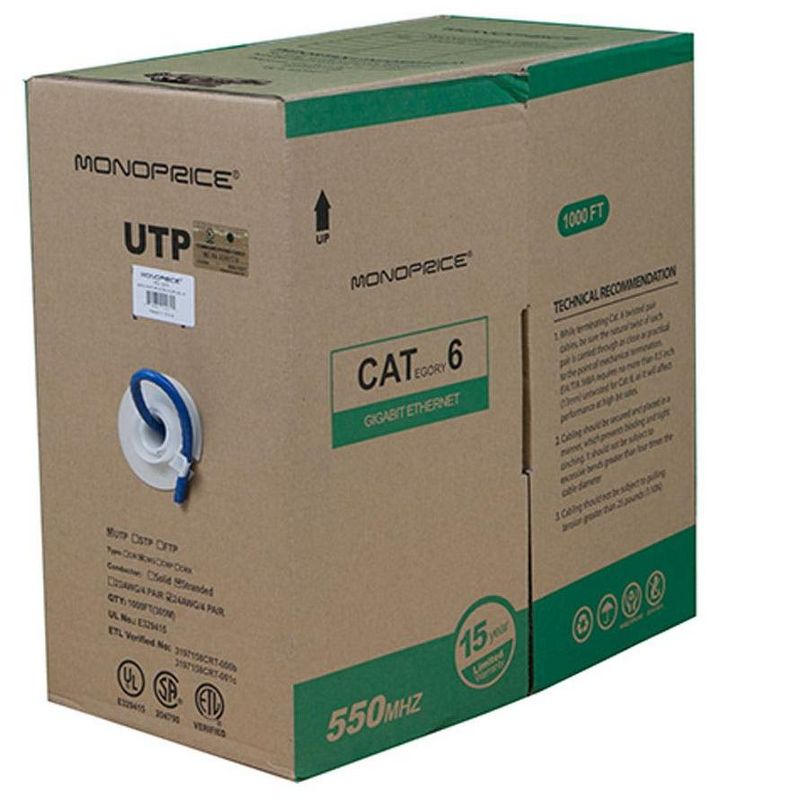 Monoprice Cat6 Ethernet Bulk Cable - 1000 Feet - Blue | Network Internet Cord - Stranded, 550Mhz, UTP, Pure Bare Copper Wire, 24AWG, 2 of 3