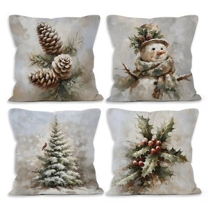 Rustic Winter Christmas Throw Pillow Covers 18x18 Set of 4, Pine Cones Snowman Cardinal Home Decor - 1 of 4