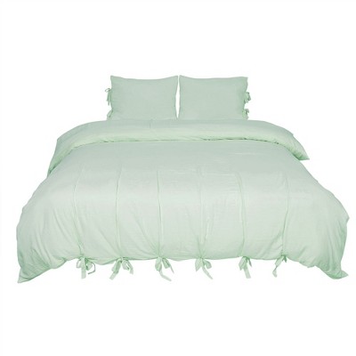 3 Pcs Washed Cotton Solid with Bowknot Closure Design Bedding Sets King Green - PiccoCasa