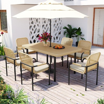 7 Pieces Wicker Outdoor Patio Dining Set,Wicker Garden Dining Table and Chairs Set,Rattan Dining Set with Cushions and Umbrella Hole-Coolbibila