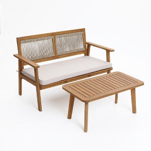 LuxenHome Outdoor Acacia Wood Rope Back Loveseat with Cushions and Coffee Table Set - 1 of 4