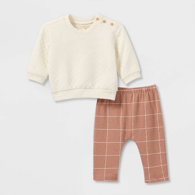 Grayson Collective Baby Quilted Pullover with Striped Pants Set - Brown 12M