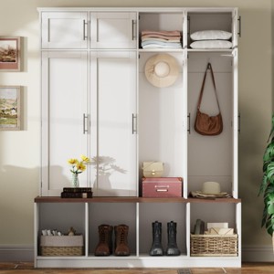 Entryway Hall Tree with Bench and Storage Cabinets, Hidden Hooks, Farmhouse Style Shoe Organizer with Compartments-The Pop Home - 1 of 4