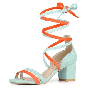 Allegra K Women's Faux Suede Open Toe Color Block Heel Lace Up Sandals - 1 of 4