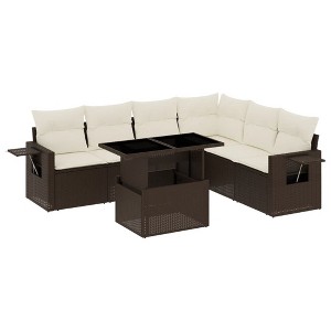 vidaXL 7 Piece Patio Sofa Set with Cushions Brown and Cream Poly Rattan - Without Storage - 1 of 4