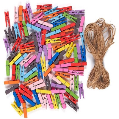 Juvale 100-Count Mini Wooden Clothes Pins with Jute Twine, Small 1.4" Colorful Clothespins Peg Ideal for Photos, Postcards, Decoration & Craft