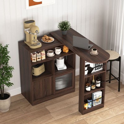 Walnut Bar Cabinet with Rotating Top - Counter Height, 6 Storage Spaces, 2 Ribbed Glass Doors, 3 Shelves for Kitchen, Dining, Living