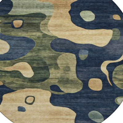 Navy Blue Gold And Olive Green Abstract Washable Indoor Outdoor Area Rug