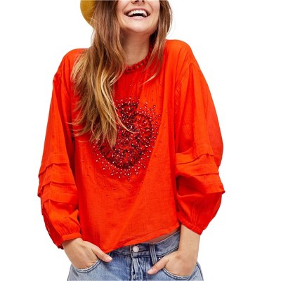 Free People Womens Heart Of Gold Knit Blouse, Orange, X-Small