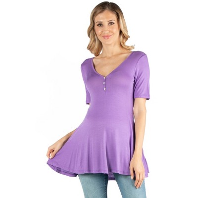 24seven Comfort Apparel Short Sleeve Tunic Top with Button Detail