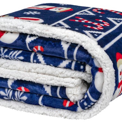 Blue Christmas Snowman Sherpa Fleece Reversible Throw Blanket