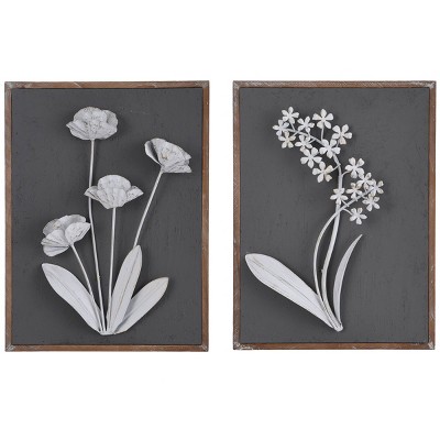 Set of 2 Metal Raka Chalk Blooms Floral Sculptures Wall Canvases - StyleCraft