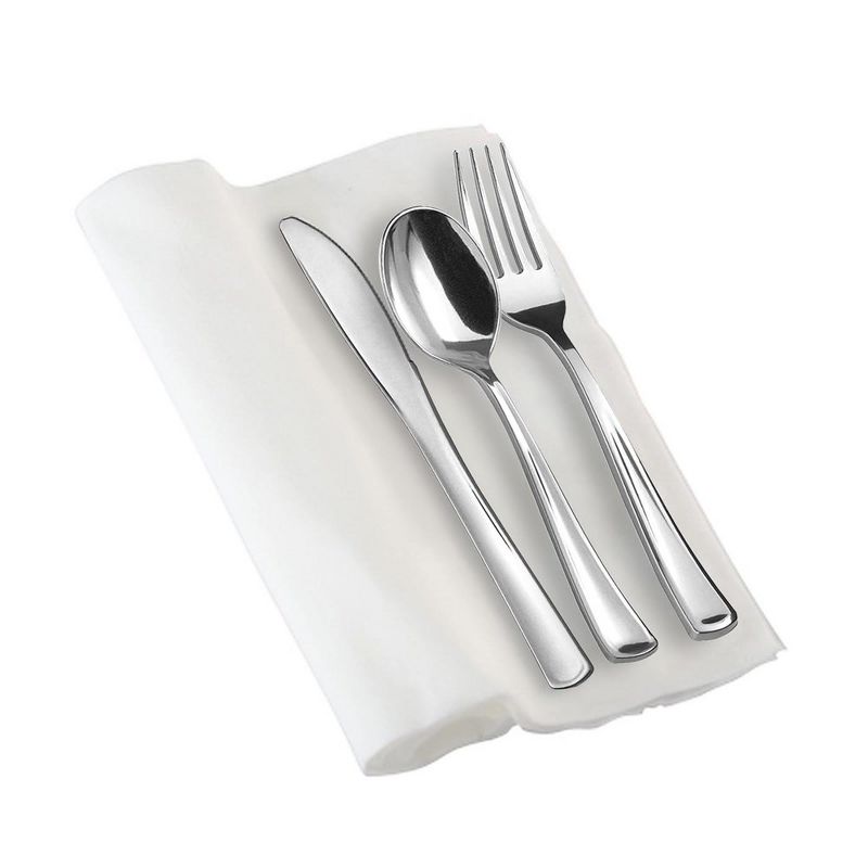 Smarty Had A Party Silver Plastic Cutlery in White Napkin Rolls Set - Napkins, Forks, Knives, Spoons and Paper Rings (100 Guests), 2 of 3