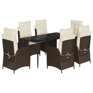 vidaXL 7 Piece Patio Dining Set – Outdoor Furniture with Adjustable Reclining Cushioned Chairs and Glass Table, Brown PE Rattan - 1 of 4