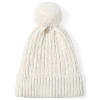 Ctm Women's Solid Knit Winter Beanie With Earflaps And Pom, White : Target