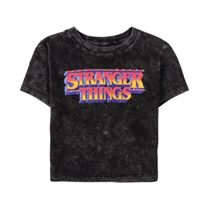 Stranger Things Logo Women’s Black Mineral Wash Crew Neck Short Sleeve Cropped Baby Tee - 1 of 2