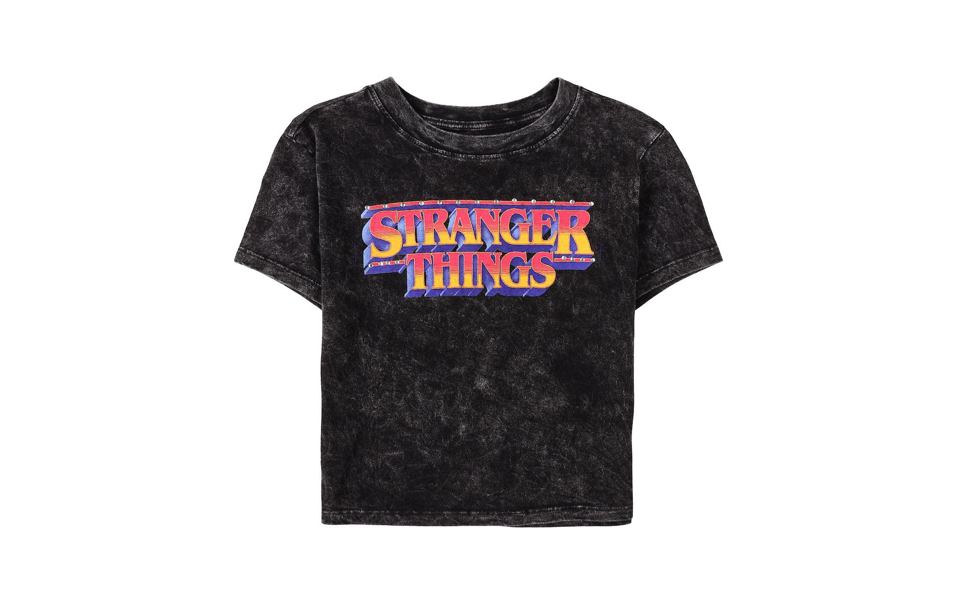 Stranger Things Logo Women’s Black Mineral Wash Crew Neck Short Sleeve Cropped Baby Tee