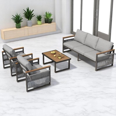 4-Piece Outdoor Patio Furniture Set with Teslin Rope Woven Sofa & Chairs, Plastic-Wood Coffee Table, outdoor Conversation Set